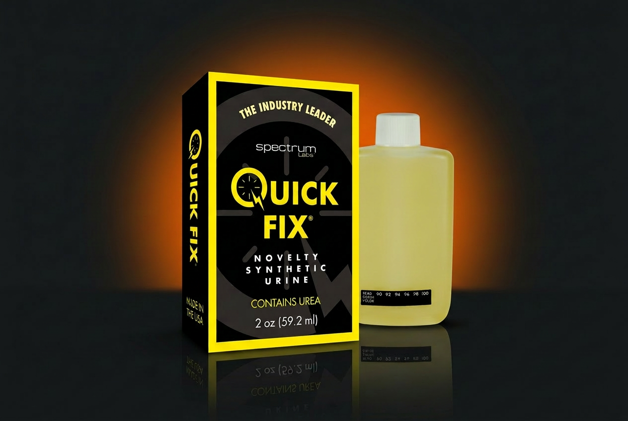 Quick Fix synthetic urine detox product photographed on a dark premium retail background