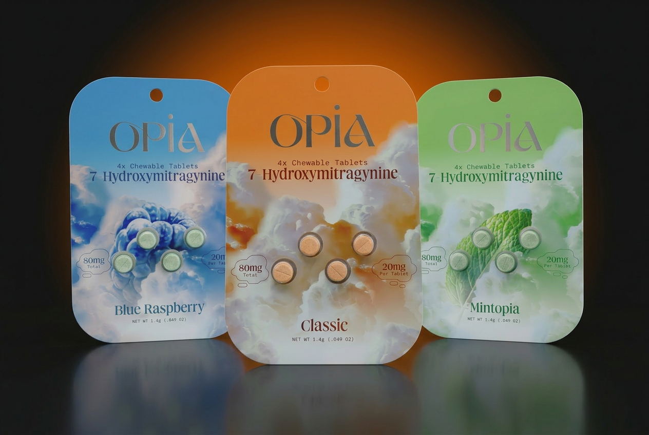 OPiA kratom product photographed on a dark premium retail background