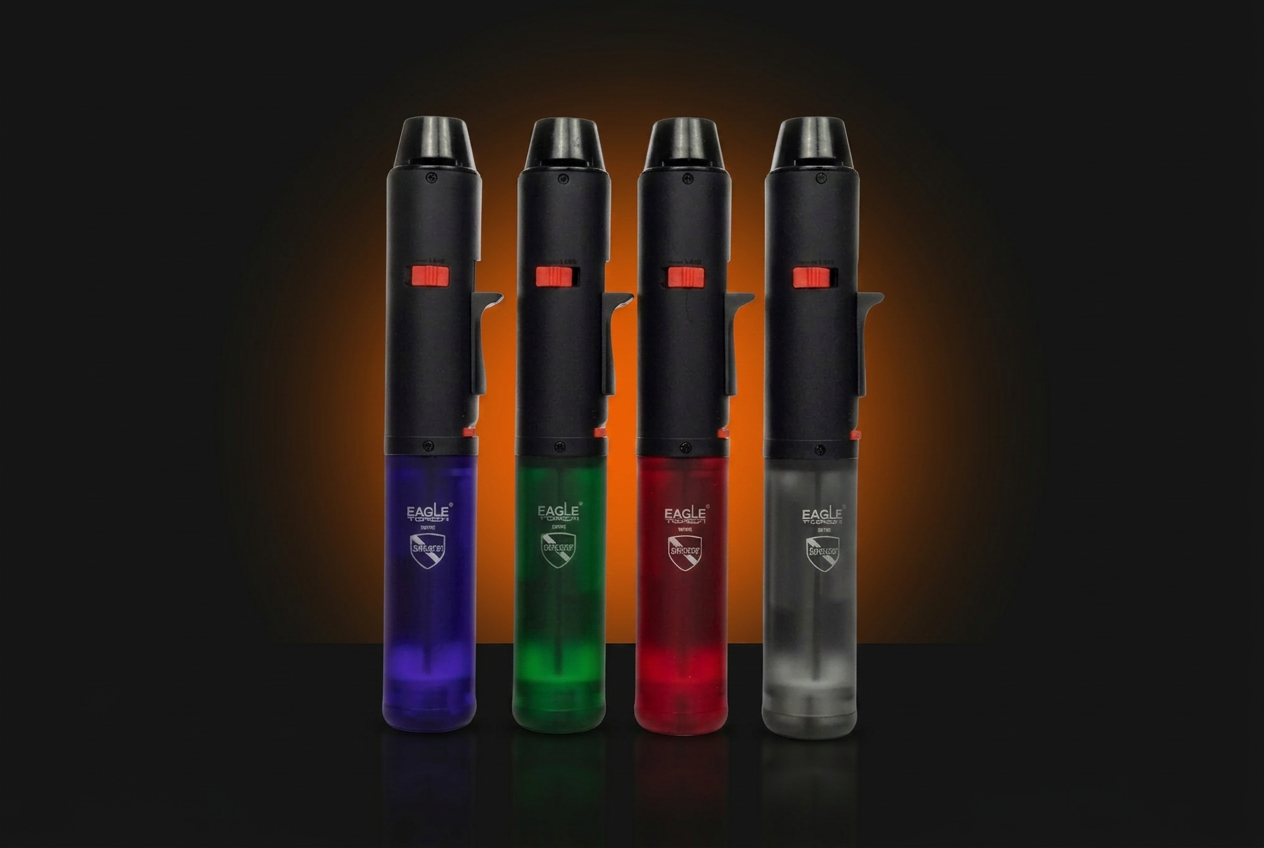 Eagle torch lighters photographed on a dark premium retail background