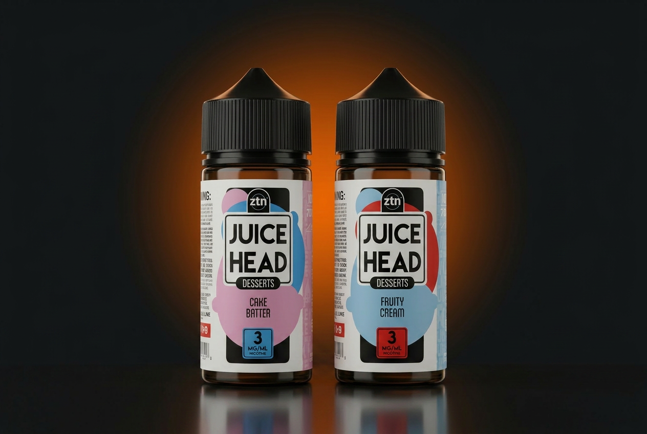 Juice Head e-liquid bottles photographed on a dark premium retail background